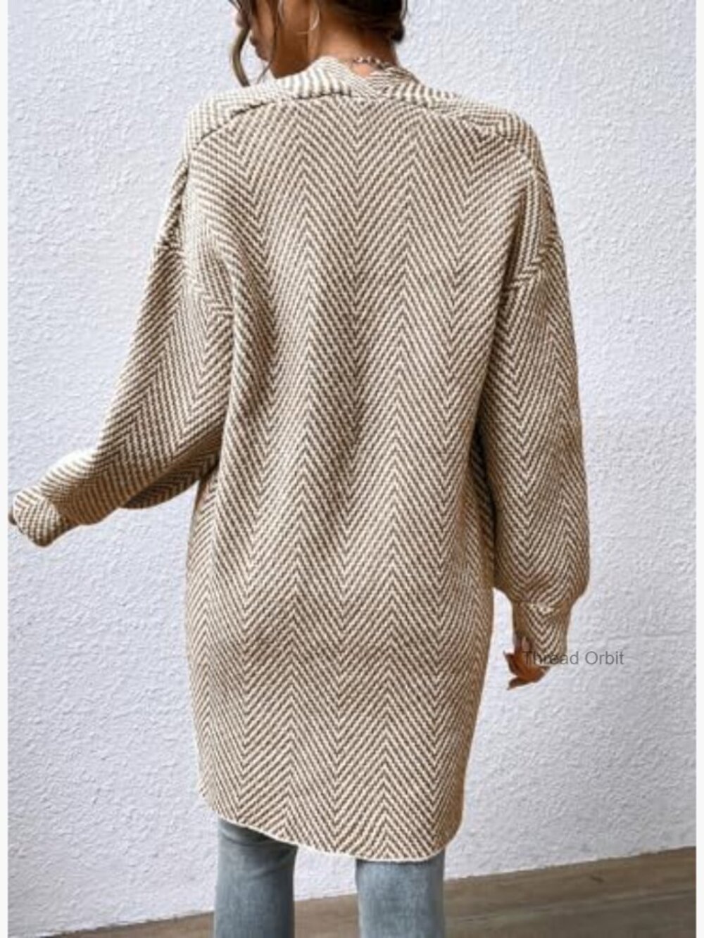 Chunky Knit Open Front Cardigan Sweater Coat Long Sleeve Striped Chevron - Picture 3 of 7
